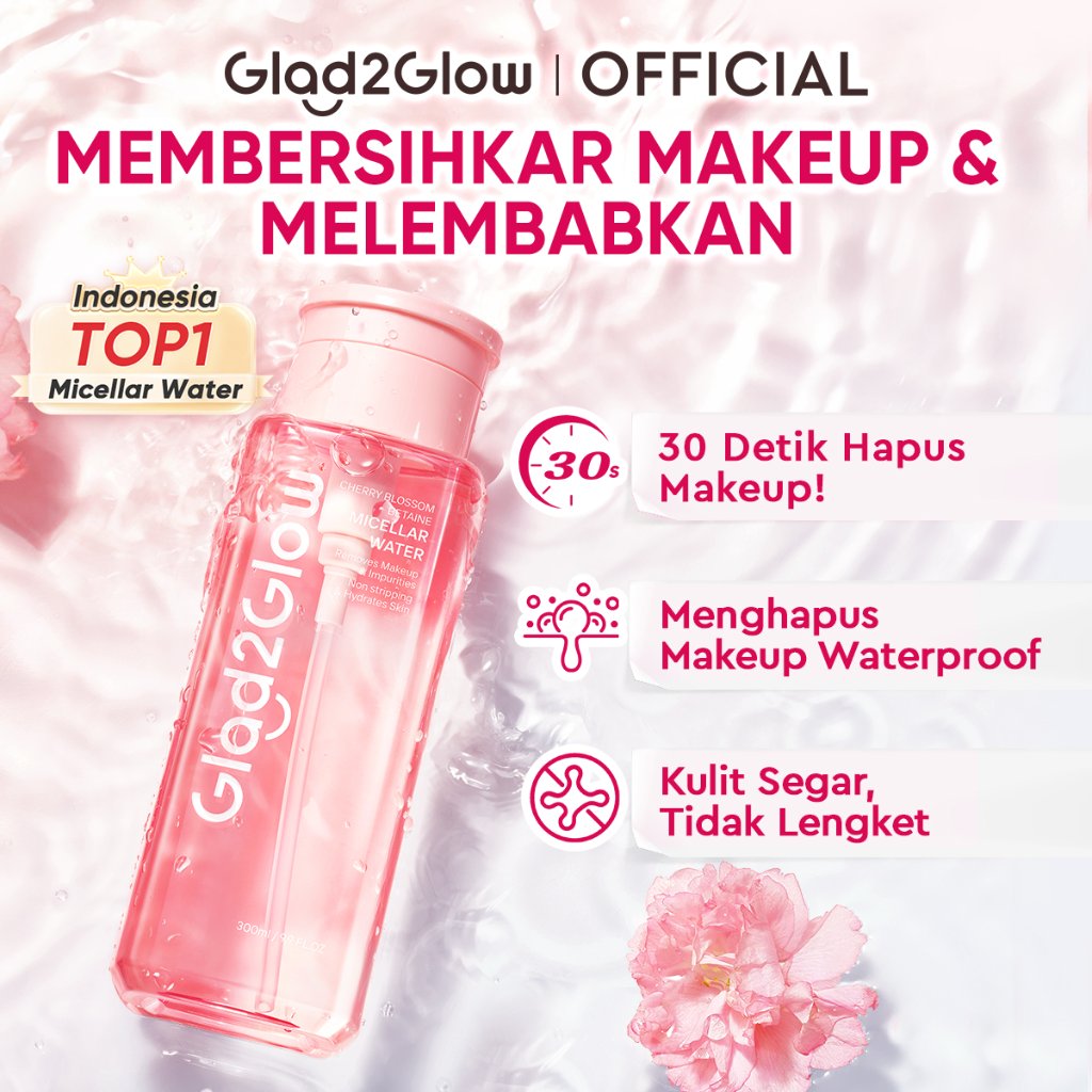 [HOT SALE]Glad2Glow Cherry Blossom Micellar Water 300ml Lembut Cleansing Oil Penghapus Makeup Waterproof Hapus Riasan Tahan Air Dengan Centella Tanpa Iritasi Untuk Kulit Sensitif Berjerawat