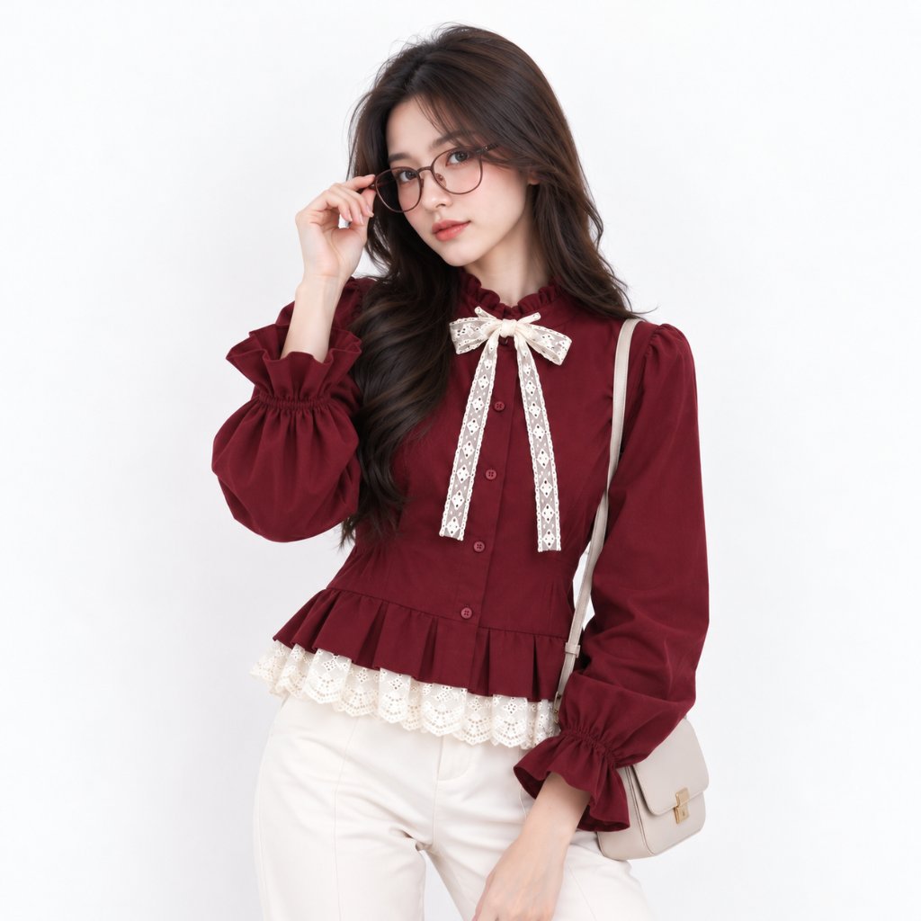 Jual Blus Wanita Lengan Panjang Kerah Ruffle Lace Bow Elegan Korean ...