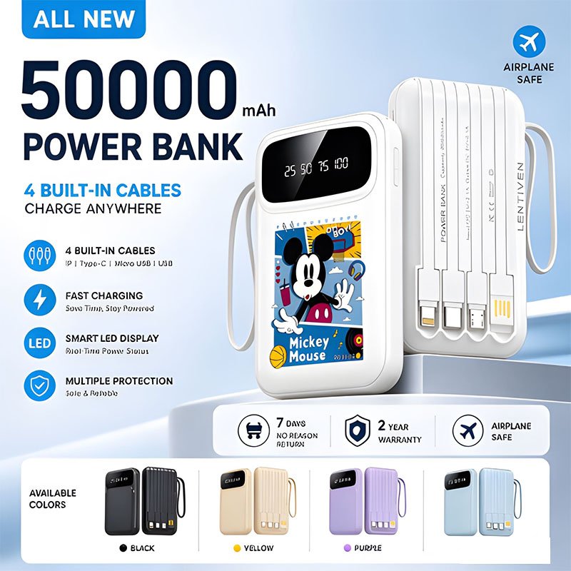 YIBAO Power Bank 50000mAh Mini 22.5W Fast Charging With 4 USB Cable Data Lightweight Slim Universal Digital Display Garansi 2 Tahun y931g
