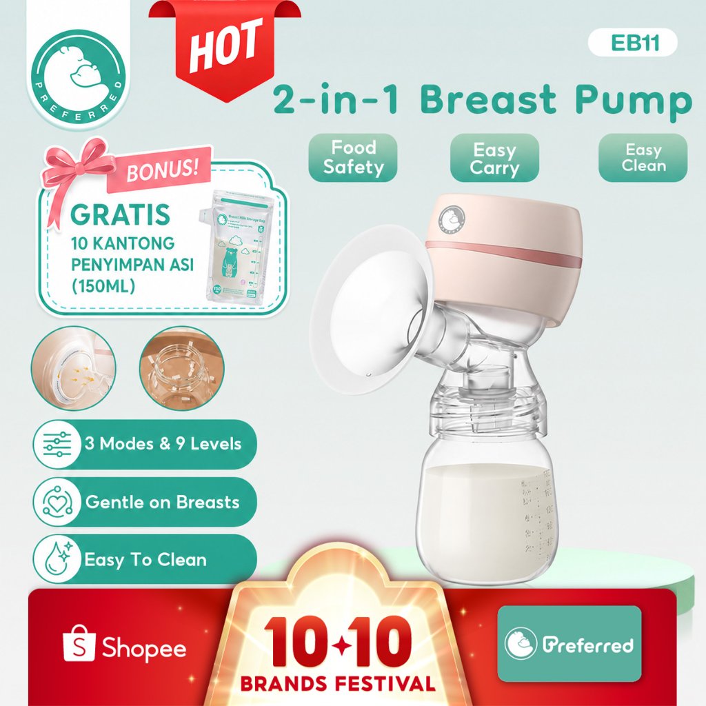 [Daya isap kuat] Preferred POMPA ASI ELEKTRIK [Free Gift] Kabel NYAMAN TANPA SAKIT! 3 Mode + 9 Level - Portable BPA Free 180ML (24mm)  EB11