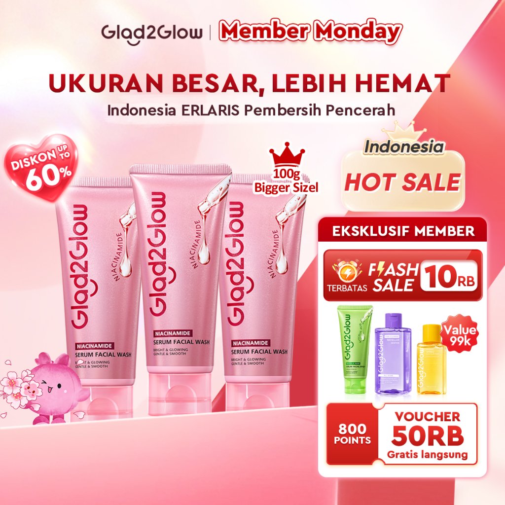 [Bigger Size ]Glad2Glow Niacinamide Serum Facial Wash Instant Glow 100g, Pencuci Wajah Brightening,Mencerahkan Pembersih Pori,Ceramide Ectoin Sakura,Untuk Kulit Kusam Berminyak Kulit Sensitif,Melembabkan,pembersih wajah,sabun cuci muka