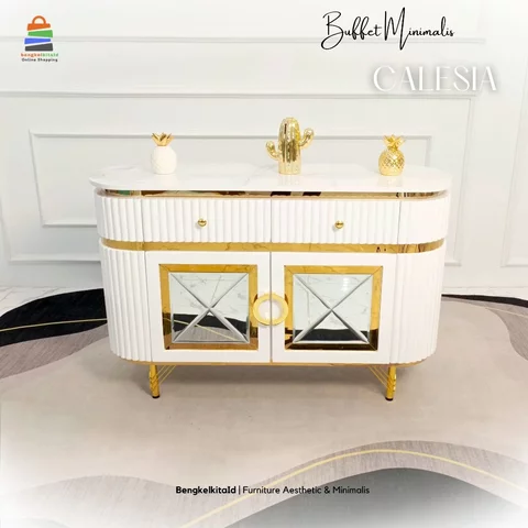 Meja Buffet TV Calesia Aesthetic Mewah Kayu Solid List Stainless Gold Cat Duco - Bengkelkita.id