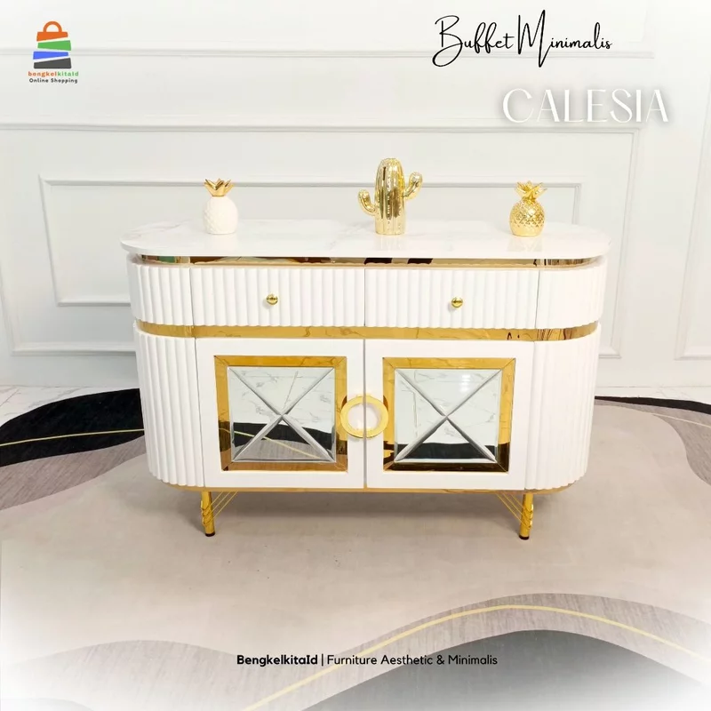 Meja Buffet TV Calesia Aesthetic Mewah Kayu Solid List Stainless Gold Cat Duco - Bengkelkita.id
