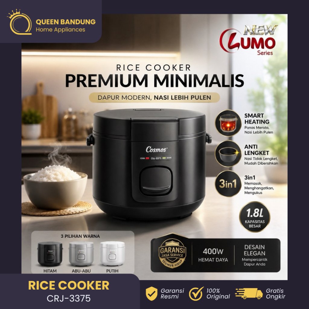 Cosmos Rice Cooker 1.8 Liter Non-Stick CRJ-3375 Lumo Magic Com 3in1 Anti Lengket