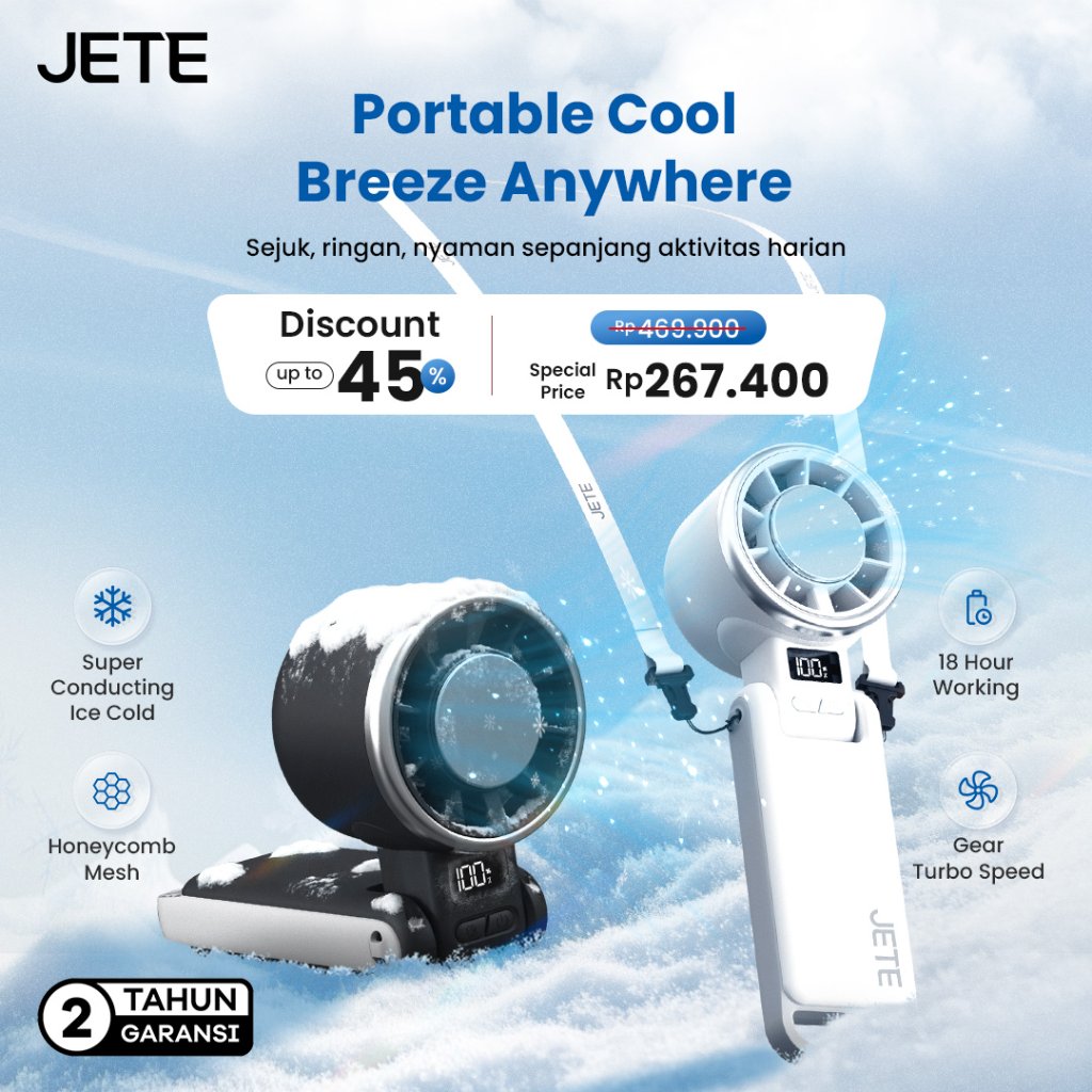 Kipas Angin Portable JETE TF3 Portable Mini Turbo Fan Adjustable Cooler Kipas Angin Tangan USB Type C Rechargeble Kipas Travelling Portable