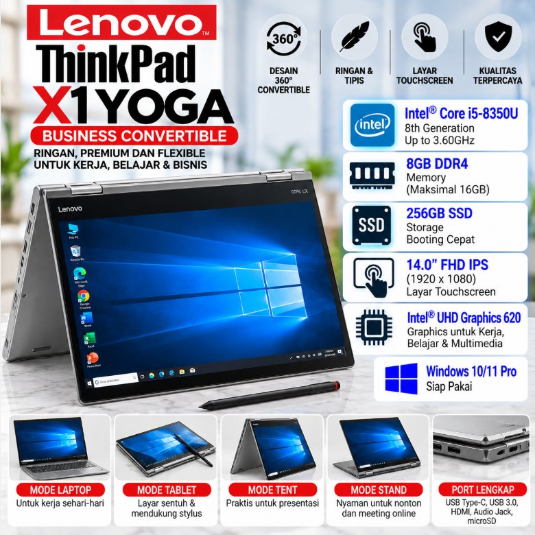 Laptop Lenovo ThinkPad X1 Yoga Gen 3 Core i5 Gen 8 RAM 8GB SSD 256GB 14 Inch FHD Touchscreen 360° Windows OS