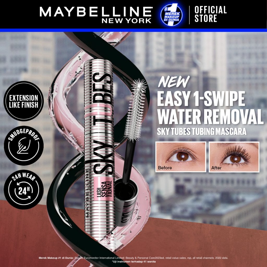 [BARU] MAYBELLINE OFFICIAL Sky Tube Tubing Mascara Easy 1-Swipe Water Removal Extention-Like Finish Tahan 24 Jam Smudgeproof Mudah Dibersihkan