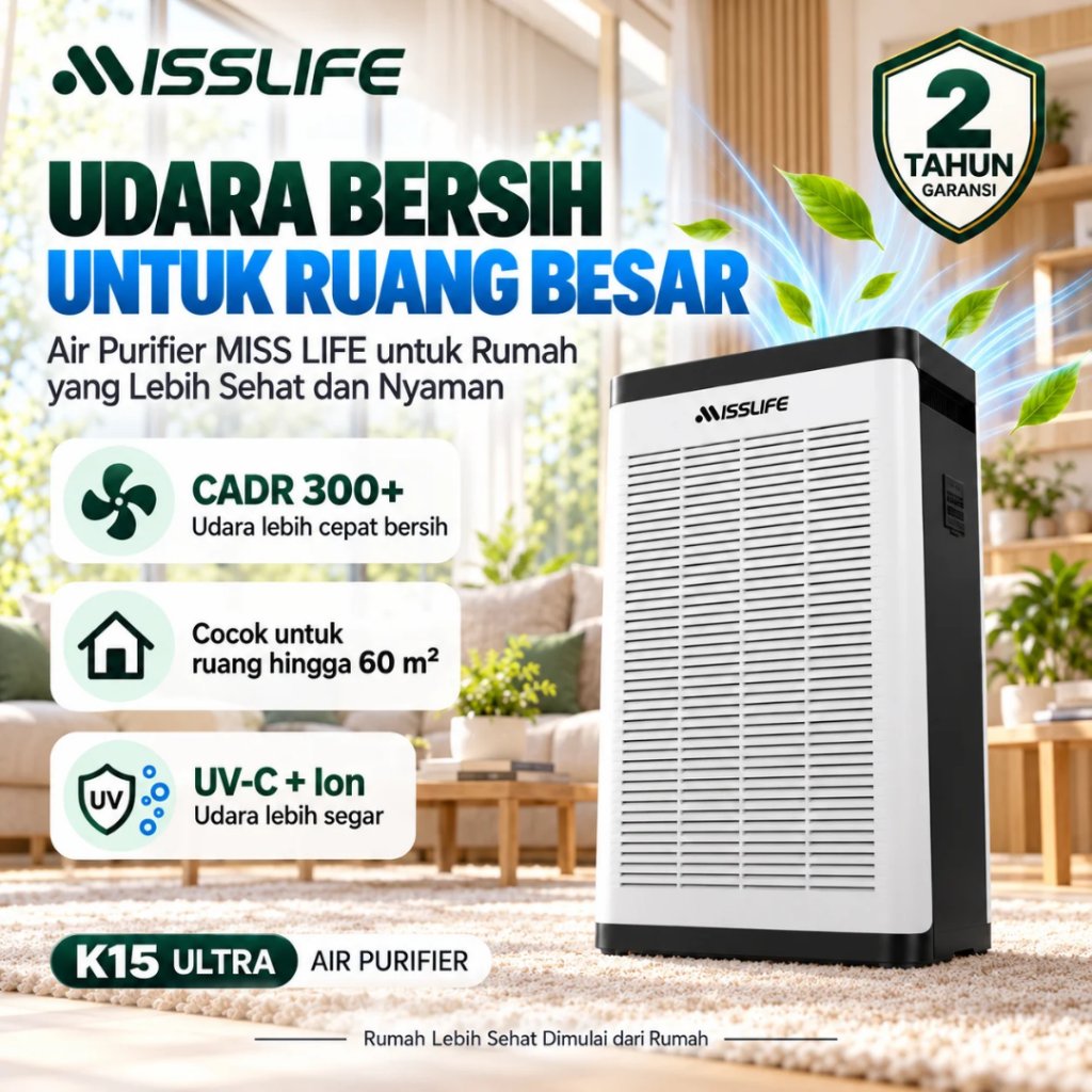 Miss Life Air Purifier Pembersih Udara Ruangan Besar 30-60m² HEPA Filter Karbon Aktif UV-C Ion Negatif Penyaring PM2.5 Debu Bau Alergen Bulu Kucing Hewan Peliharaan untuk Rumah Kamar Tidur Ruang Tamu Kantor K15