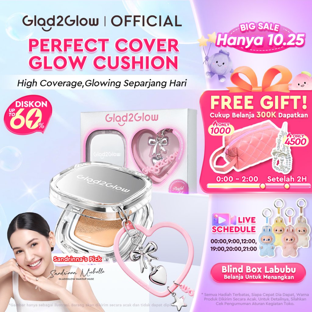[HOT!] Glad2Glow Perfect Cover Glow Cushion Charm High Coverage Glowing Dewy Finish Tahan 12H Waterproof  Dry & Combination Skin