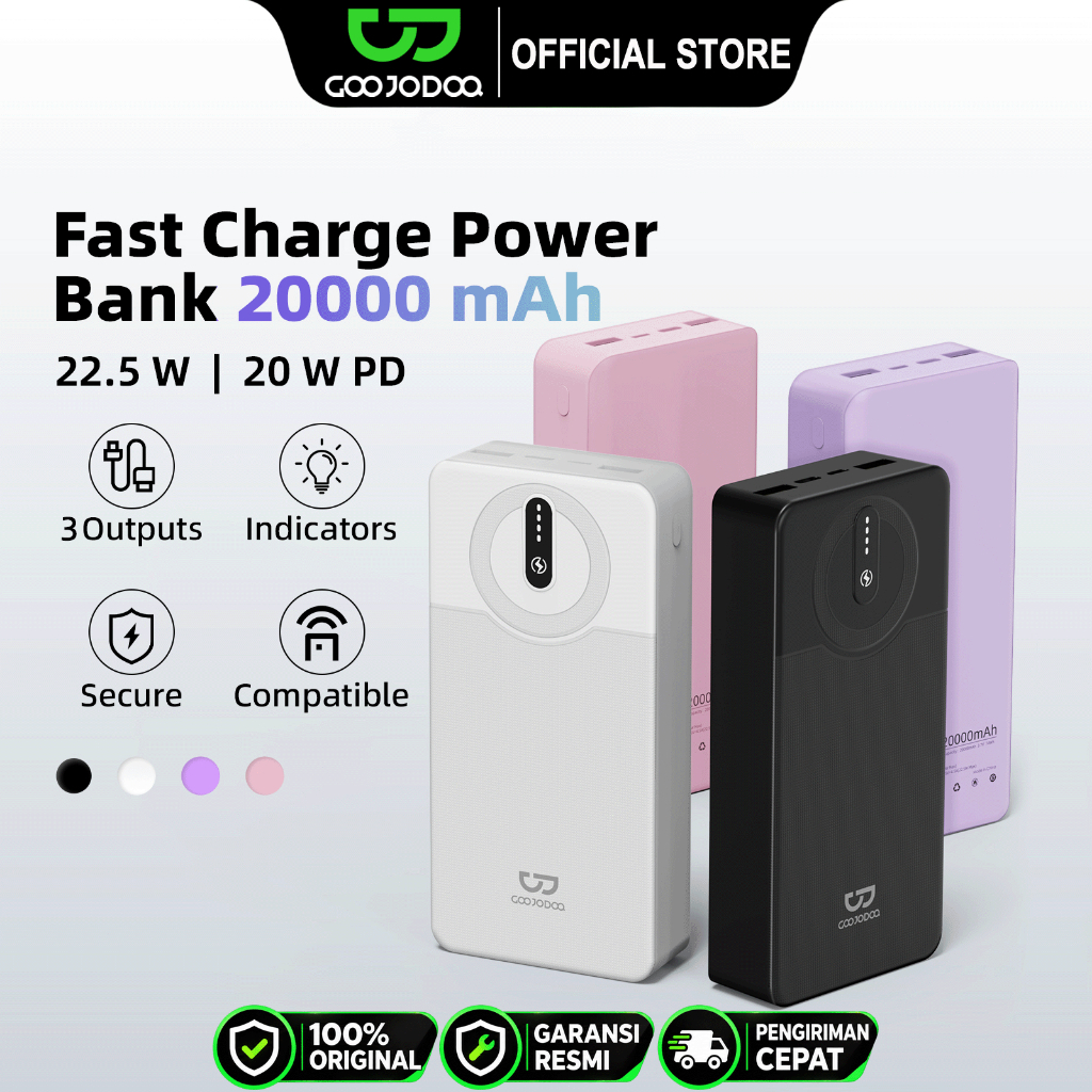 GOOJODOQ 20000mAh Power Bank USB Fast Charging Portable LED Light Charger 22.5W for Phone Pad Fan