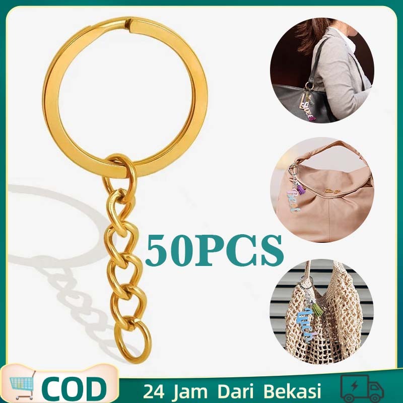 1set Isi 50pcs Gantungan Kunci Keychain Metal Dengan Ring Dan Rantai Untuk Kerajinan Tangan 25mm