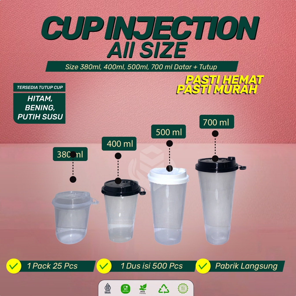 Jual Cup Injection 500 Ml Datar Gelas Boba 17 Oz Plus Tutup Ml (Isi 25 ...