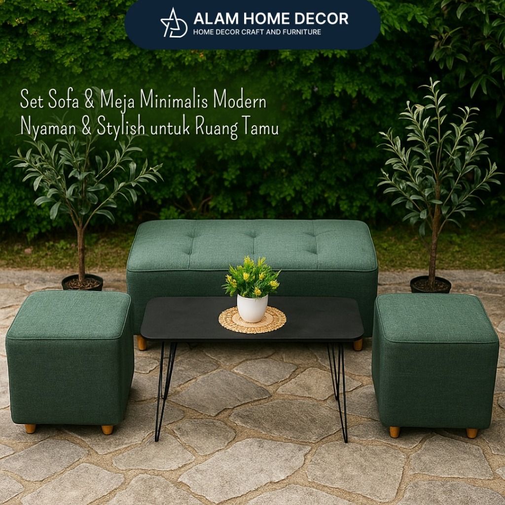 ALAM HOME DECOR Paket Sofa Bench 100cm Stool Kotak 2 Meja Bulat Minimalis Furniture untuk Ruang Tamu