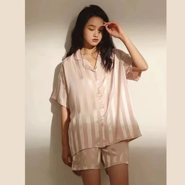 Miss Linje Baju Tidur Piyama Satin Setelan Lengan Pendek Celana Pendek Wanita Busui Full