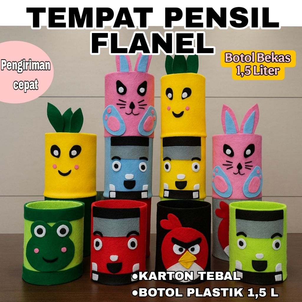 DIY Kerajinan Tempat Pensil FLANEL KARAKTER / Karton Tebal / Botol Bekas Edukasi Anak