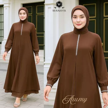 Arumy Gamis Trendy Muslim Model Ceruty Babydoll Full Puring Payet Swarovski Simple Elegan