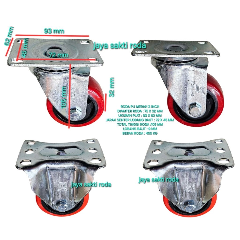 Jual Roda pu merah 3 inch 2hidup 2mati beban roda 400 kg ball bearing ...