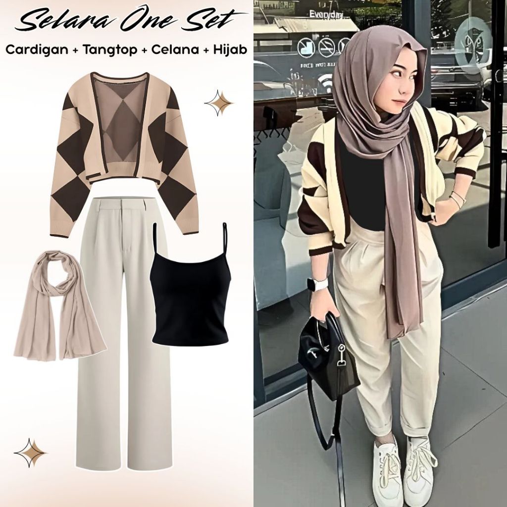 Jual one set 4in1 cardigan abstrak diamond tangtop celana