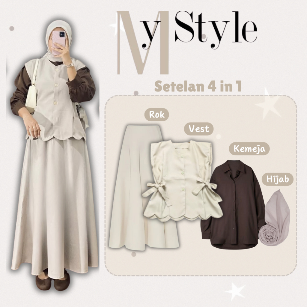 Jual One Set Korean Style 4in1 / Rok + Vest + Kemeja + Hijab / Outfit ...