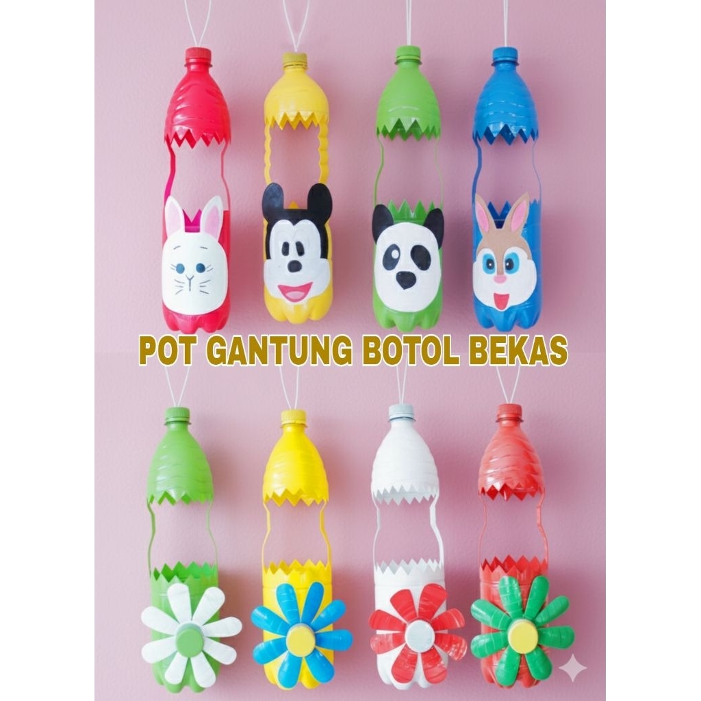 Prakarya Pot Bunga Gantung dari Daur Ulang Botol Plastik Bekas 1,5 Liter dan Flanel Berbagai Karakter, Kerajinan Pot Tanaman dari Botol Bekas dan FLANEL Termurah dan Terlaris