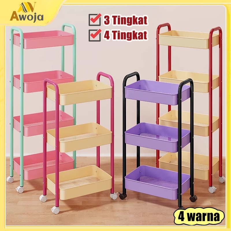 Jual Rak Troli Besi 4 Tingkat/3 Tingkat Warna Macaron Penyimpanan Susun ...