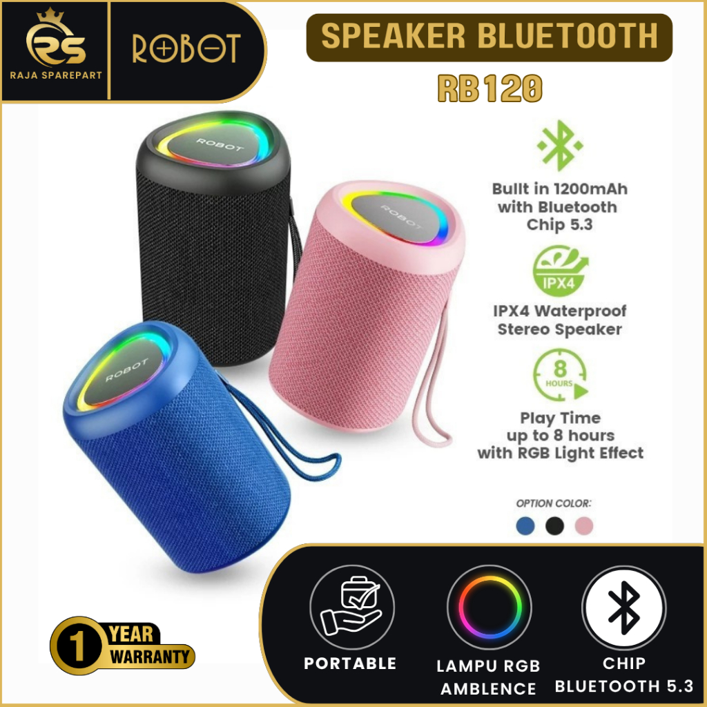 ROBOT RB120 Speaker Bluetooth Mini Waterproof Super Bass RGB 1200mAh BT 5.3 Garansi Resmi 1Thn
