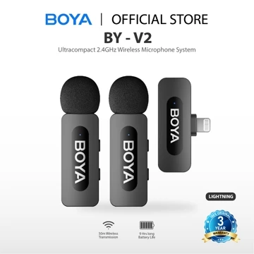 【For Lightning】BOYA BY V2 Sistem Mikrofon Clip On Nirkabel Ultracompact 2.4GHz Wireless