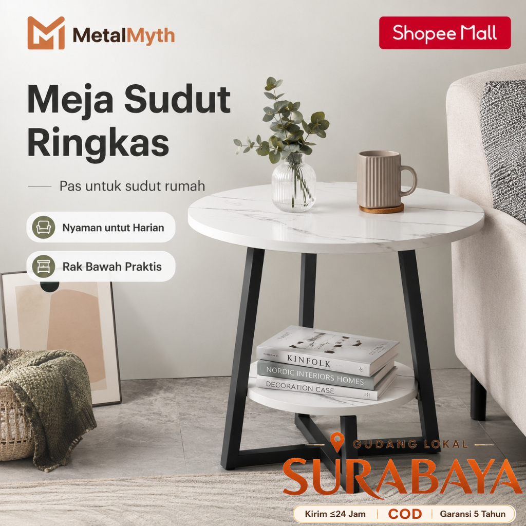 MetalMyth Meja Pojok Besi Minimalis Modern untuk Ruang Tamu Kafe 60x60cm