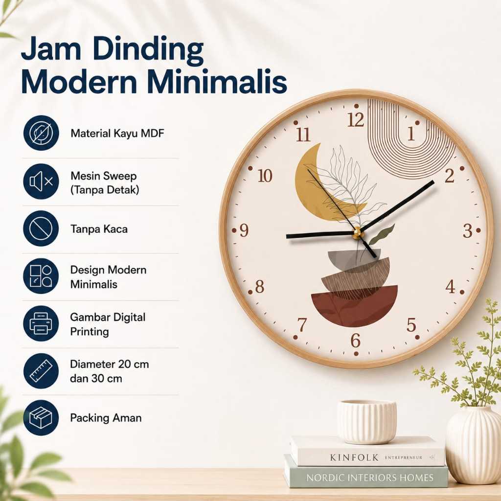 JAM DINDING MESIN SWEEP DESIGN MODERN KAYU AESTHETIC BESAR 30cm