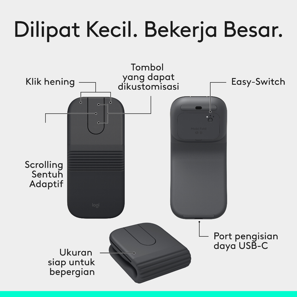 Logitech Mobi Fold, Mouse Perjalanan Ultra-Portabel, Kecil dan Ringan, Gulir Sentuh, Klik Tenang, 4K DPI, Bluetooth, untuk Windows PC, Mac, Chromebook (4)