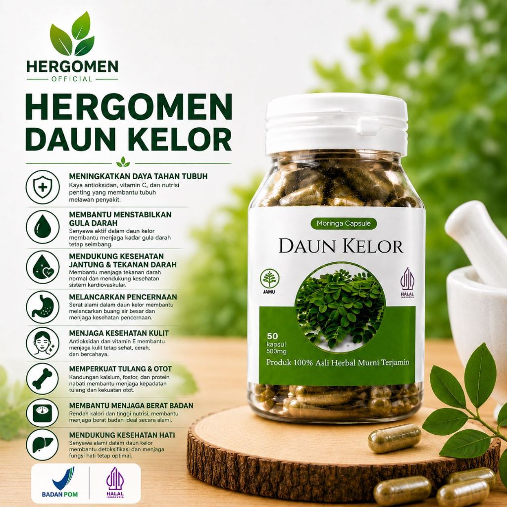 Hergomen Kapsul Daun Kelor Herbal – BPOM – Suplemen Alami untuk Kesehatan & Kolesterol