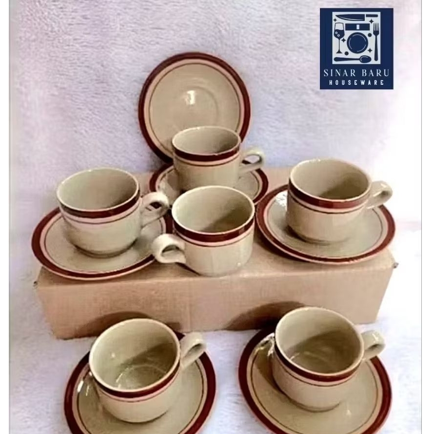 Lucky cangkir lepek keramik porcelain 6 set warna coklat tea set kopi set gift set kado