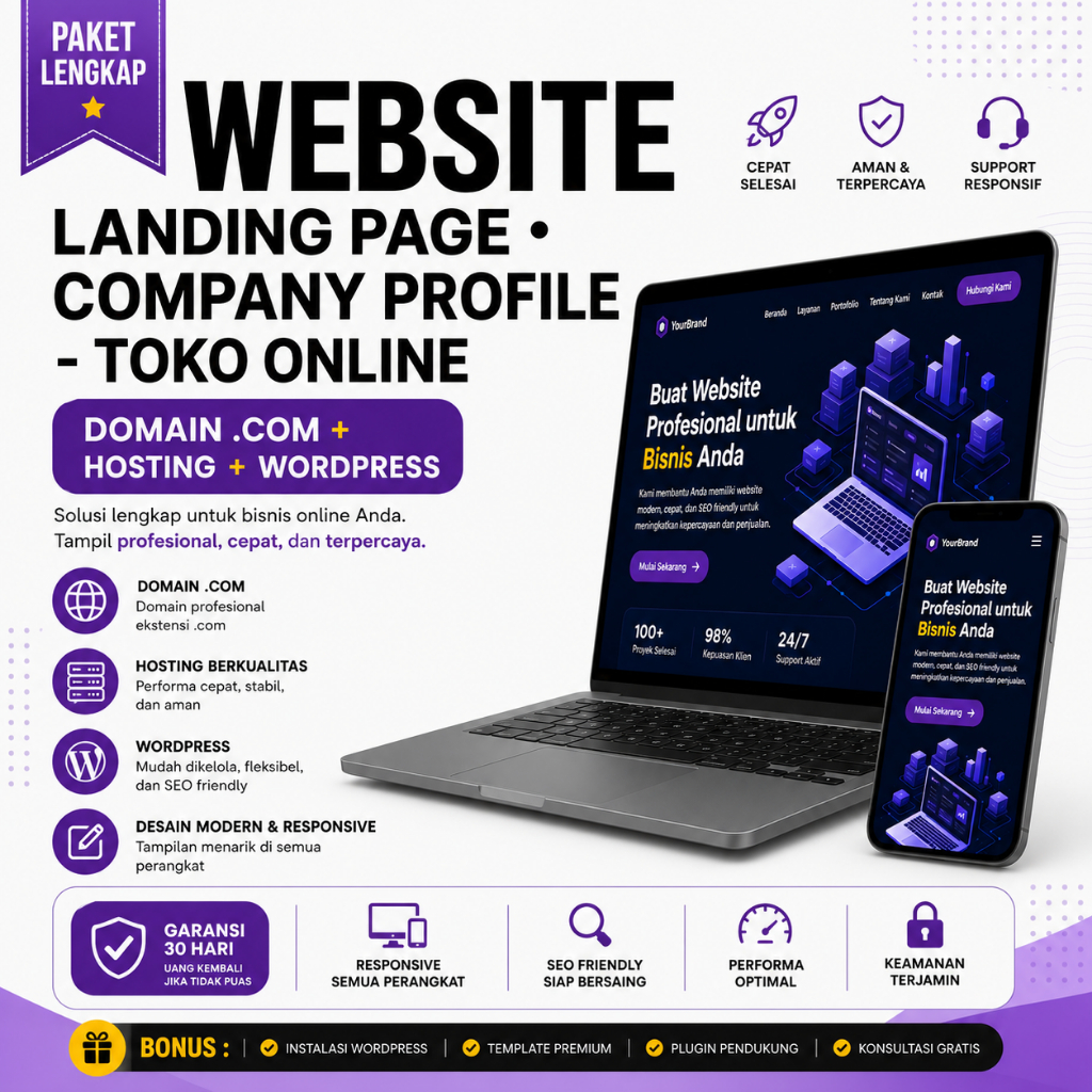 Paket Lengkap Website Landing Page, Company Profile, Toko Online Dengan Domain, Hosting, WordPress, Responsive, SEO Friendly, Bonus Template Premium