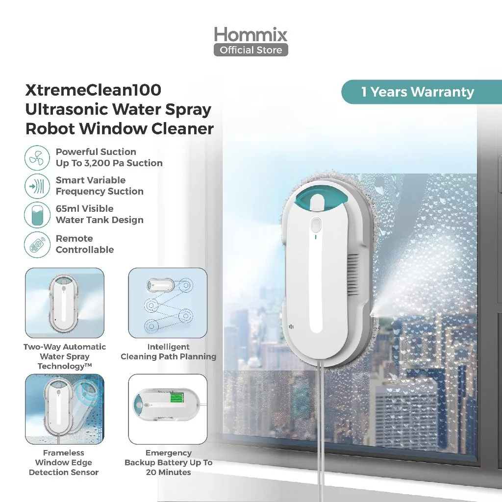 Hommix XtremeClean100 Robot Window Cleaner with Auto Water Spraying | Mesin Pembersih Kaca Automatic Pembersih Jendela Robot Pembersih Kaca