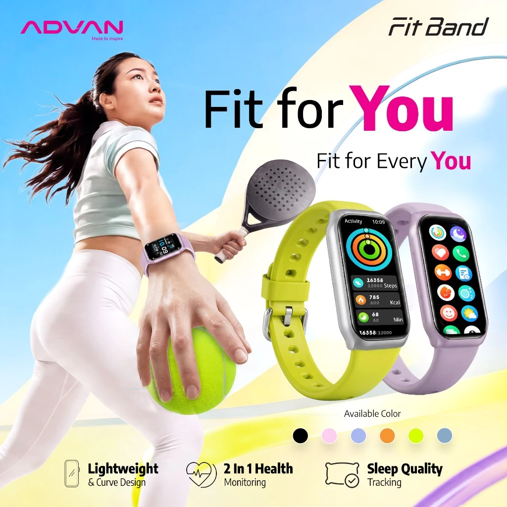 ADVAN Fit Band smartband pintar layar 1.45 inci warna hitam melingkar di pergelangan tangan