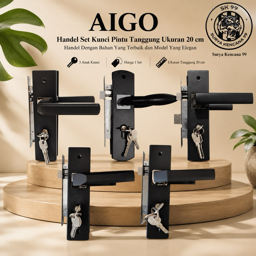 Kunci Pintu Rumah Hitam 20cm AIGO / Booz Handle Pintu Tanggung Selot Pintu 1 Set Komplit