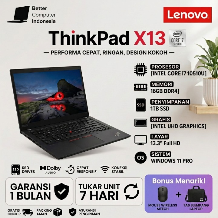 Lenovo Thinkpad X13 Intel Core i7 Gen 10 Ram 32GB SSD 1TB FHD Win11 Pro Laptop Kerja Coding Sekolah