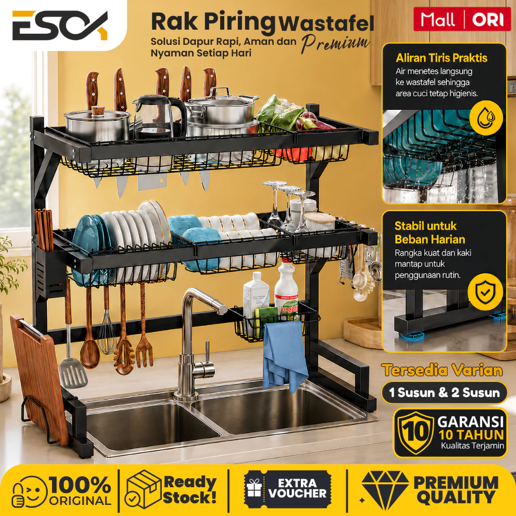 ESOK Rak Dapur Penyimpanan Wastafel Peniris Cuci Piring Hitam/Putih 1/2 Susun Baja Stainless Steel