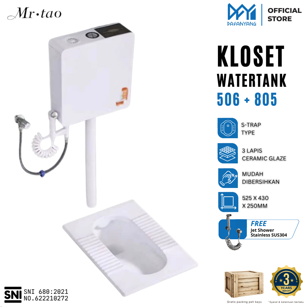 Mr. Tao Kloset Jongkok Watertank Pengharum Ruangan, Tempat Tisu dan Flush 3/6L Air | Bahan Keramik Glossy Warna Putih Watertank Energy Saving | Free Peti Kayu dan Asuransi Pengiriman 100%