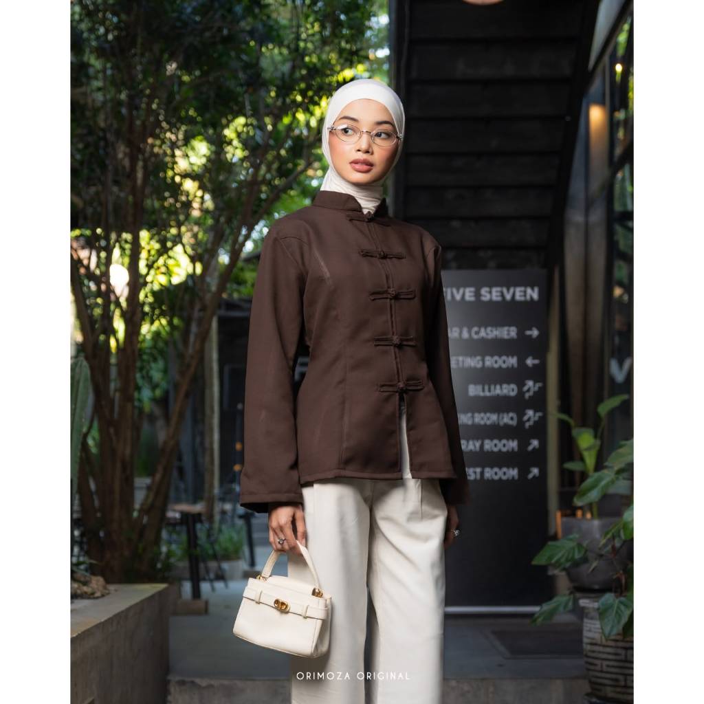 Orimoza Linera Cheongsam Button Blouse Wanita Semiwool foto 4