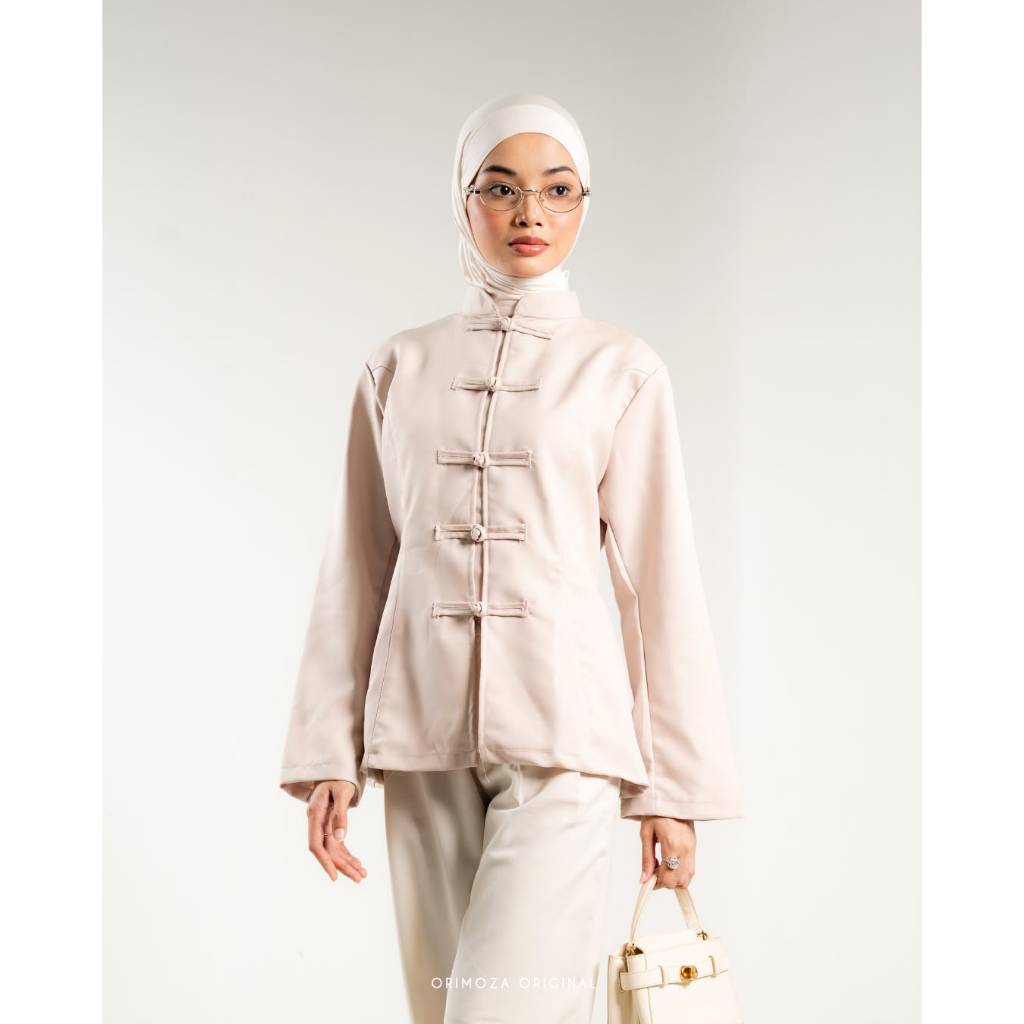 Orimoza Linera Cheongsam Button Blouse Wanita Semiwool foto 1