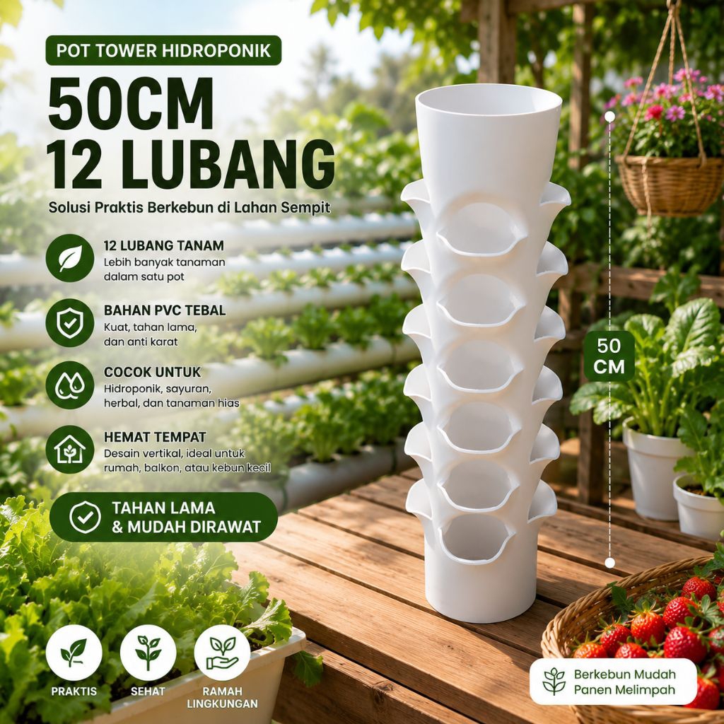 Pot Tower Hidroponik PVC 50cm 12 Lubang Tanam Diameter 2,5 Inch | Vertical Planter Berkebun Sayur Buah Tanaman Hias | Pot Vertikal Hemat Tempat Kuat Tebal Tahan Lama