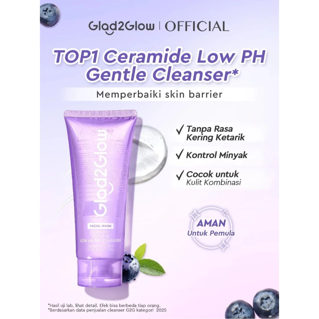100% ORI Glad2Glow Blueberry Ceramide Low pH Gel Cleanser Gentle skin Facial Wash oil control skincare pembersih wajah sabun cuci muka face wash micellar water g2glow