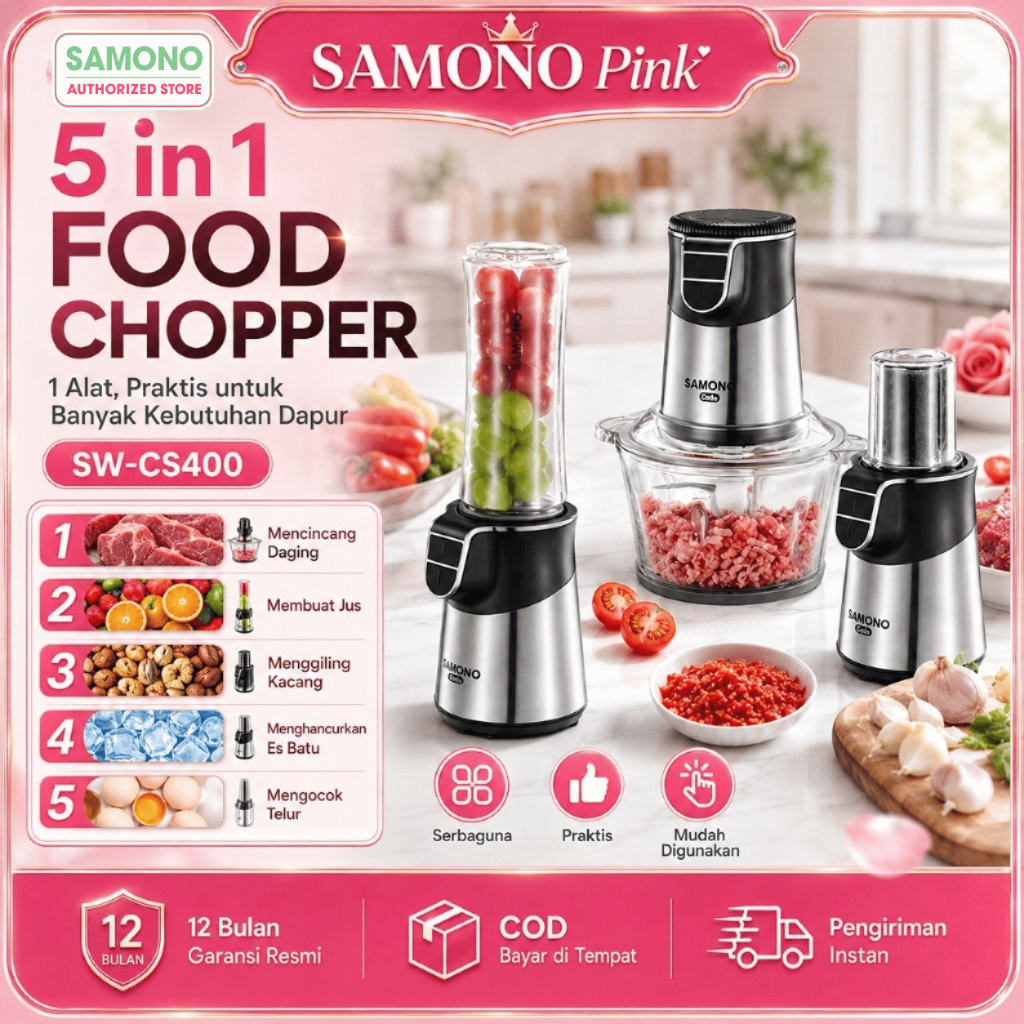 SAMONO Food Chopper 5in1 400W Kapasitas Besar SW-CS400 Blender Chopper Daging Buah Bumbu Es Batu Pisau Stainless Steel 304 Multifungsi untuk Dapur Rumah dan Usaha Keluarga MPASI Low Noise Motor Kuat Hemat Listrik