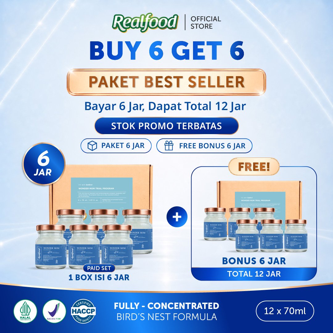 BUY 6 GET 6, Realfood Wonder Mom | Minuman Sarang Burung Walet | Ibu Hamil dan Menyusui | Nutrisi Ibu dan Janin | Daily Wellness | Daya Tahan Tubuh | Stamina Harian | Bird Nest Drink | Wellness Drink untuk Ibu