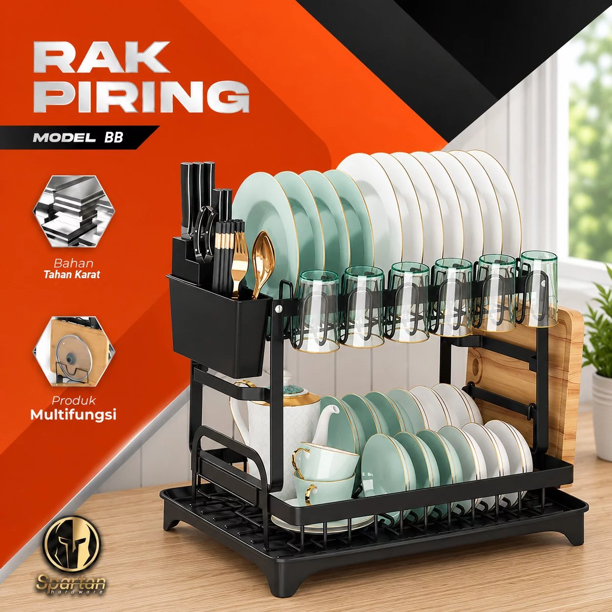Rak Piring Stainless Penyimpanan Dapur Pengering Sendok Mangkuk Gelas Piring 1 2 Susun Serbaguna