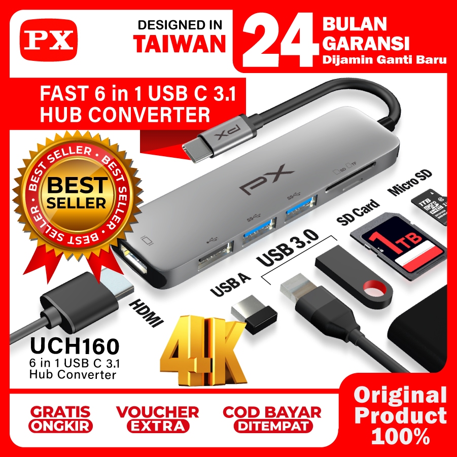 Type C 3.1 to HDMI Hub Converter USB Micro SD Card 6 in 1 PX UCH160