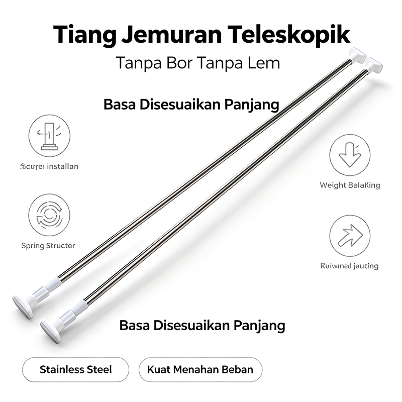 Batang pengering pakaian stainless steel tanpa perlu mengebor braket tirai yang dapat ditarik
