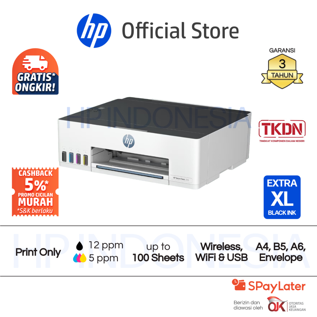 SERTIFIKASI TKDN - Printer HP Smart Ink Tank 215 Print Only Wireless Wifi USB Color Colour Warna Garansi Resmi Promo Murah Gratis Ongkir Official (2)