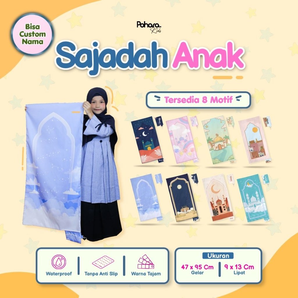 Sajadah Lucu Anak Mini Travel Portable Waterproof Mudah Di Lipat Bisa Custom Nama Praktis Dibawa Sekolah POHARA Kids